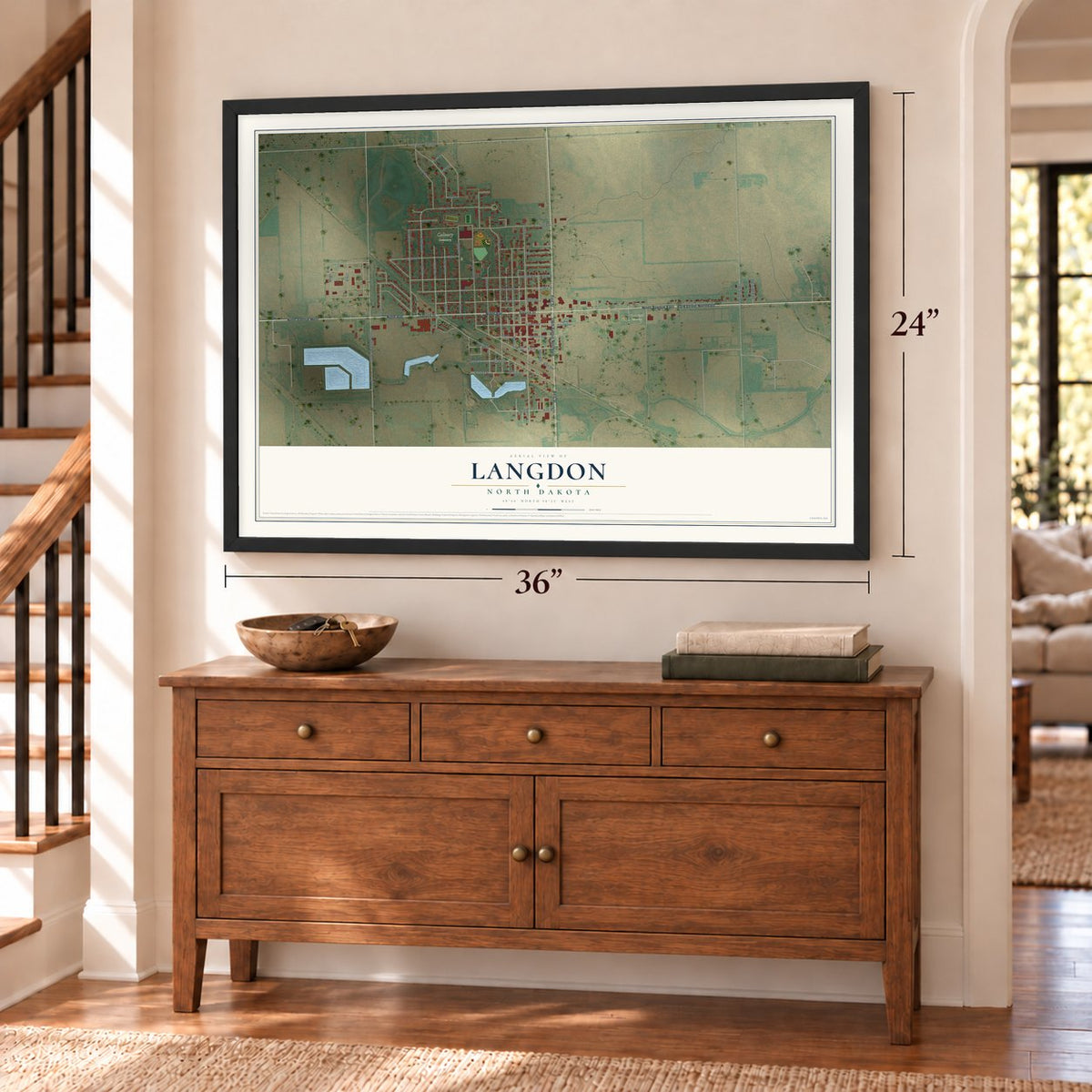 Langdon, North Dakota map, 24 x 36 inch print in a black frame above a dresser by a staircase