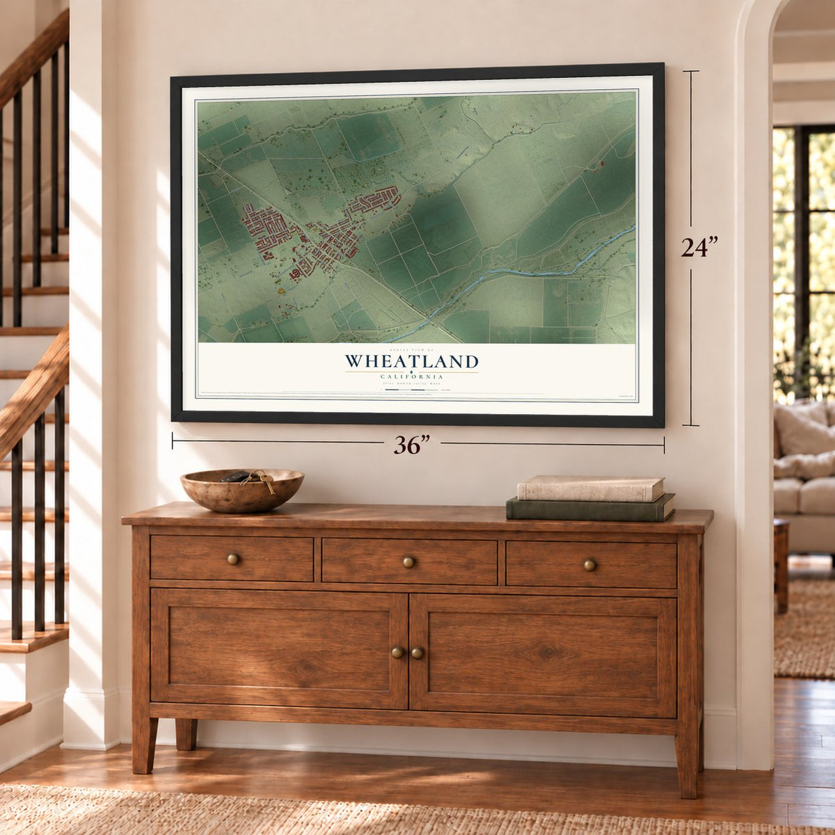 Wheatland, California map, 24 x 36 inch print in a black frame above a dresser by a staircase