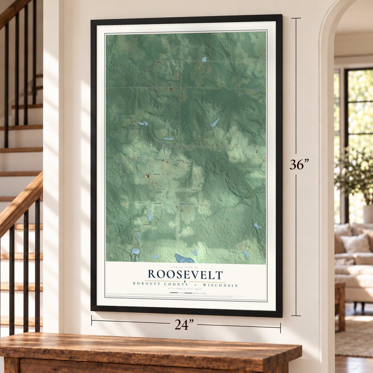 Roosevelt, Burnett County, Wisconsin map, 24 x 36 inch print in a black frame by a staircase