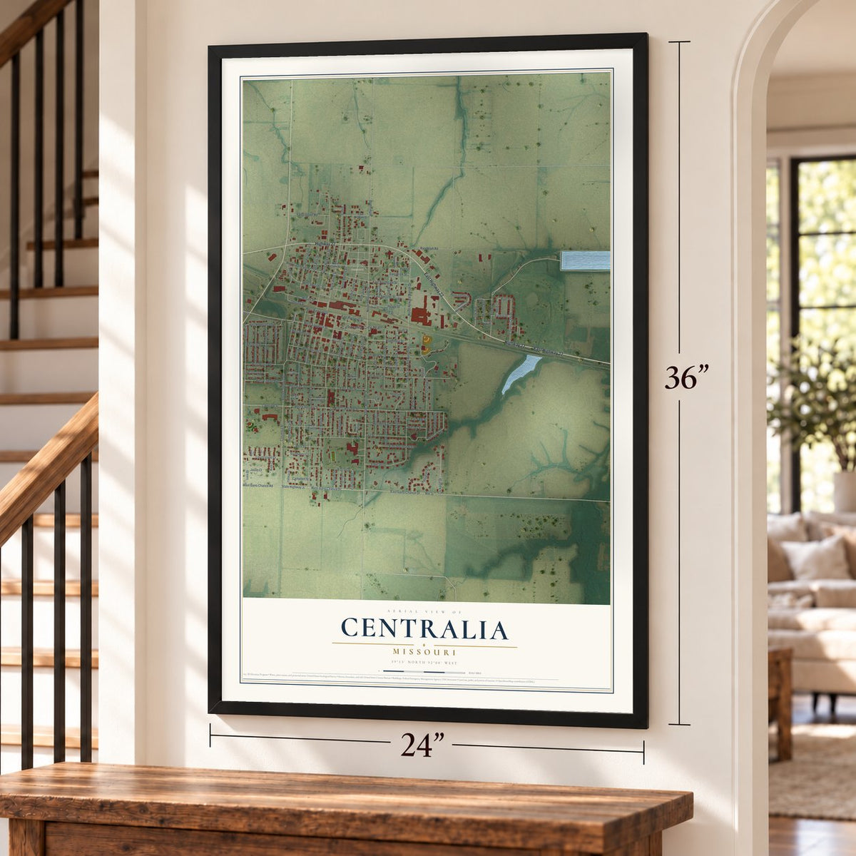 Centralia, Missouri map, 24 x 36 inch print in a black frame by a staircase