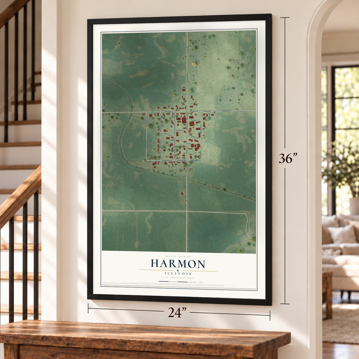 Harmon, Illinois map, 24 x 36 inch print in a black frame by a staircase