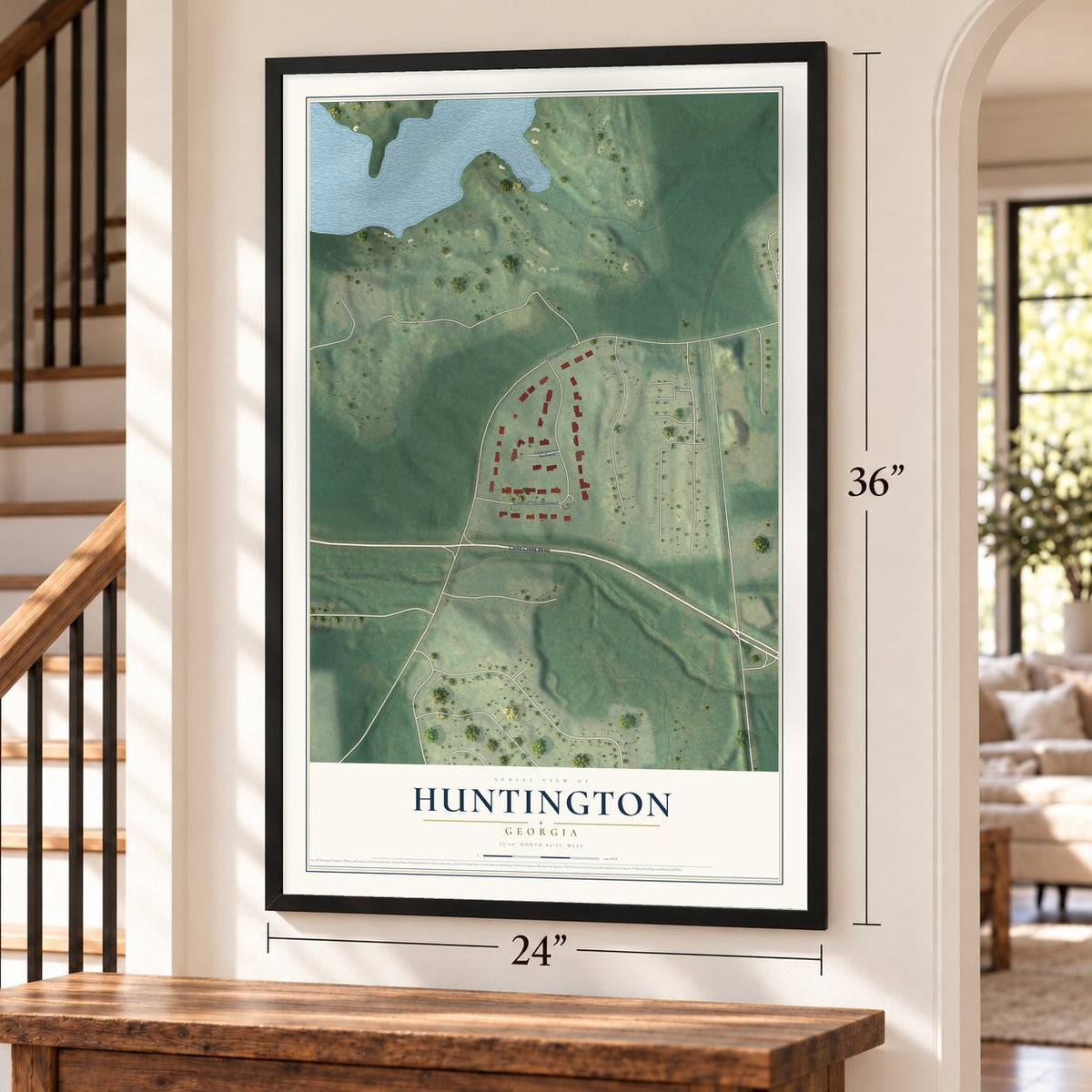 Huntington, Georgia map, 24 x 36 inch print in a black frame by a staircase
