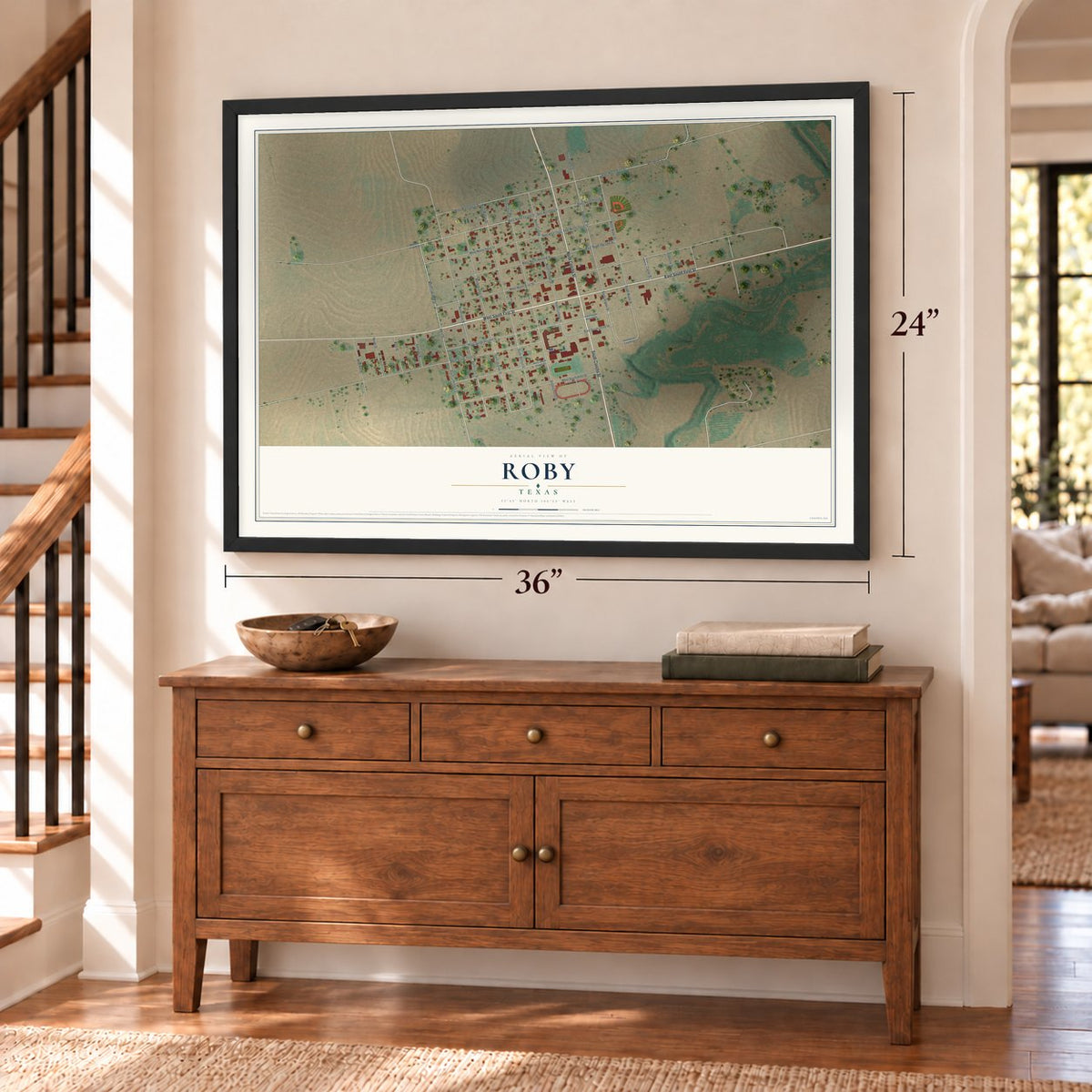 Roby, Texas map, 24 x 36 inch print in a black frame above a dresser by a staircase