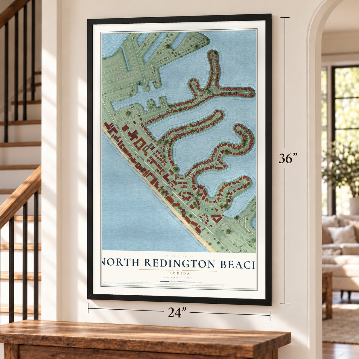 North Redington Beach, Florida map, 24 x 36 inch print in a black frame by a staircase