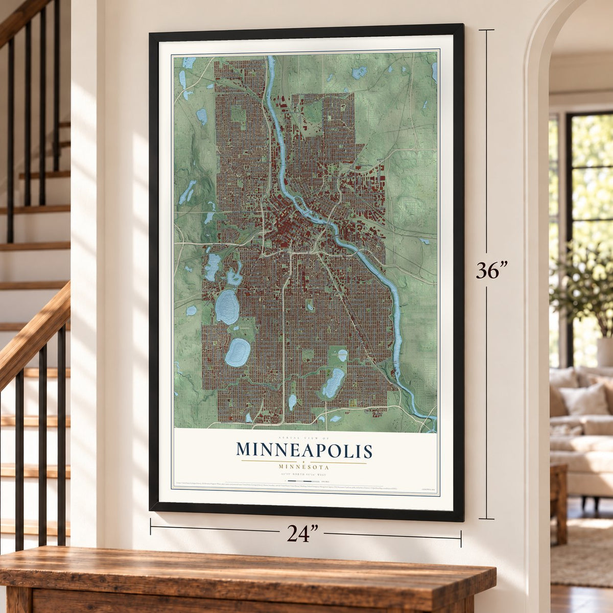 Minneapolis, Minnesota map, 24 x 36 inch print in a black frame by a staircase