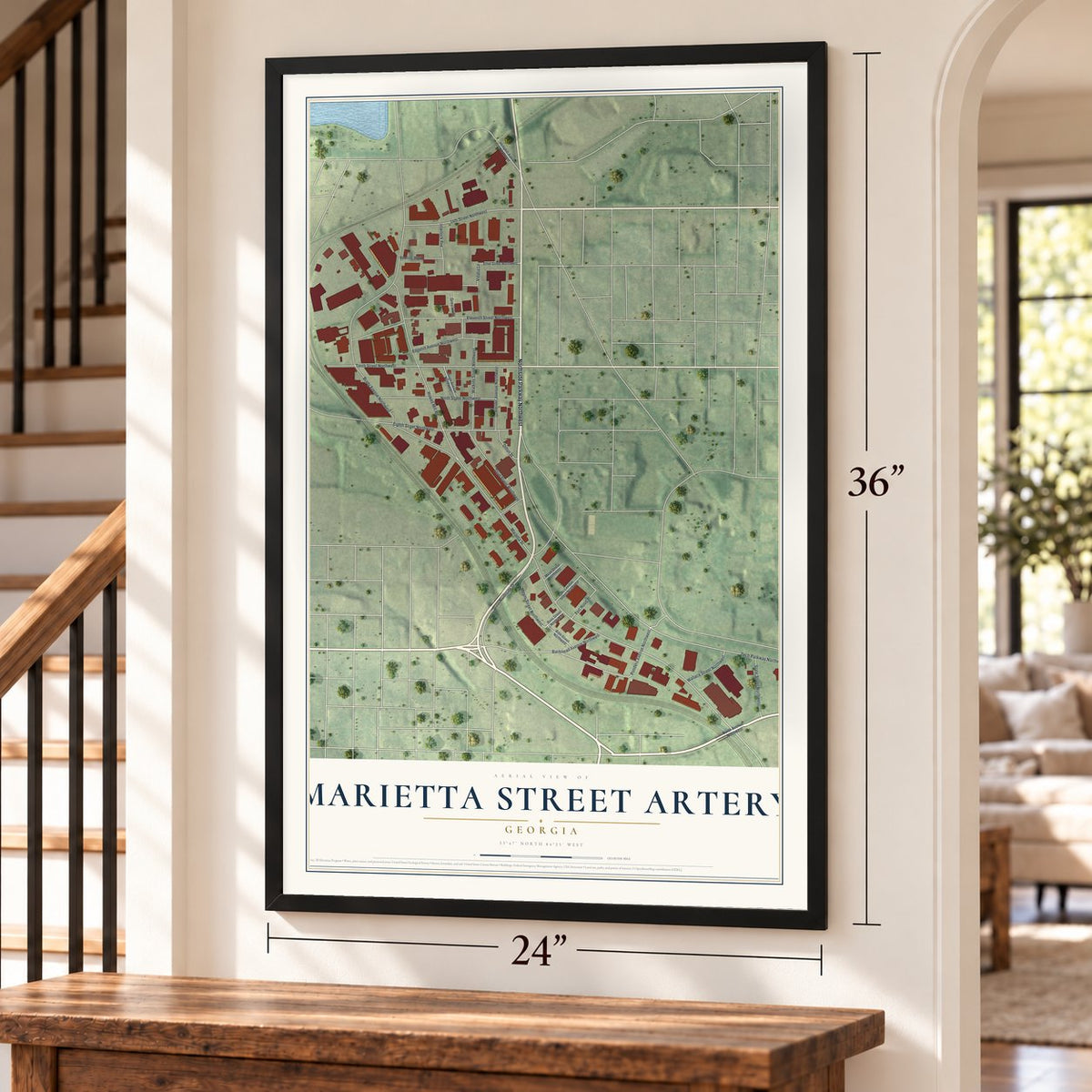 Marietta Street Artery, Georgia map, 24 x 36 inch print in a black frame by a staircase