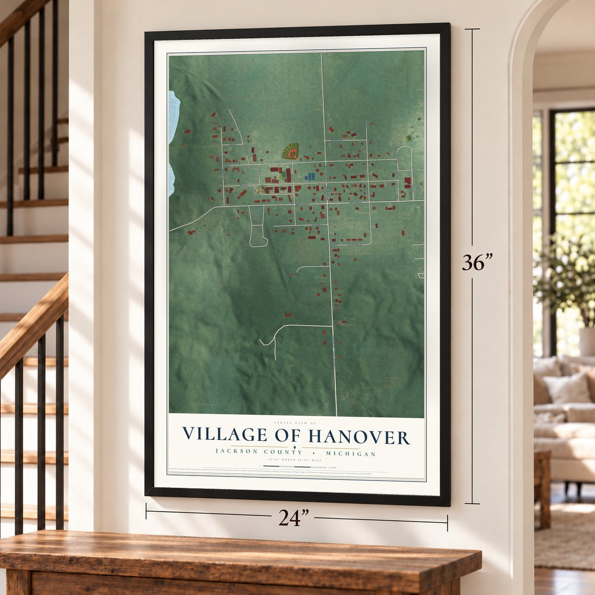 Hanover, Michigan map, 24 x 36 inch print in a black frame by a staircase
