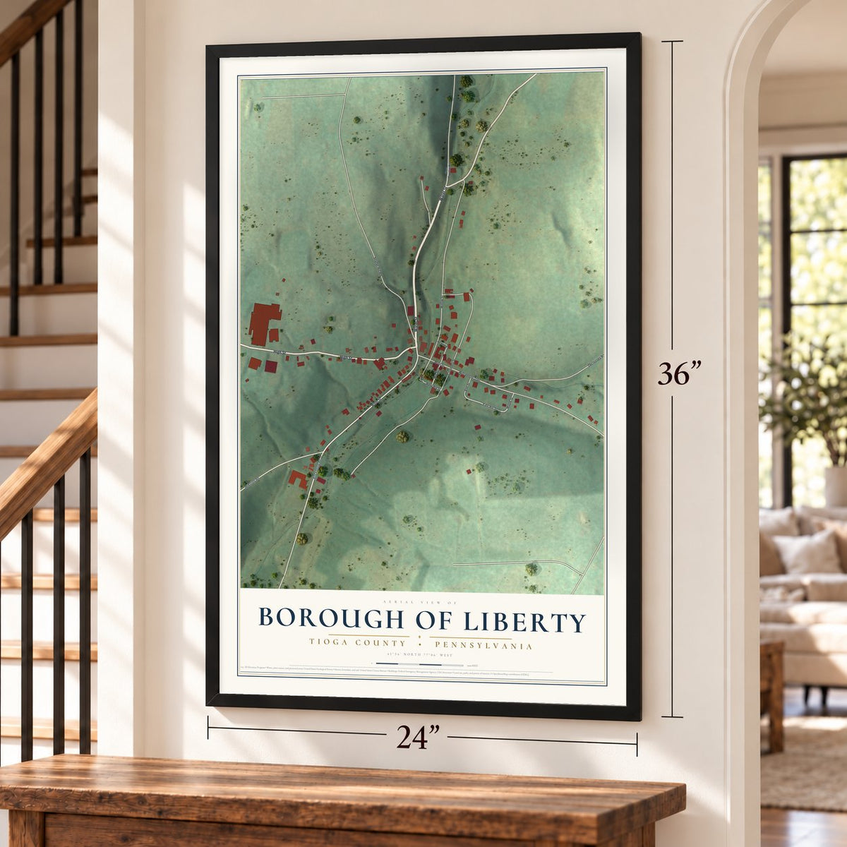 Borough of Liberty, Tioga County, Pennsylvania map, 24 x 36 inch print in a black frame by a staircase