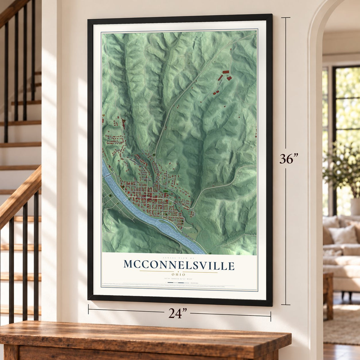 McConnelsville, Ohio map, 24 x 36 inch print in a black frame by a staircase