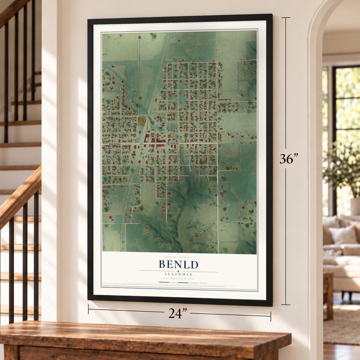 Benld, Illinois map, 24 x 36 inch print in a black frame by a staircase