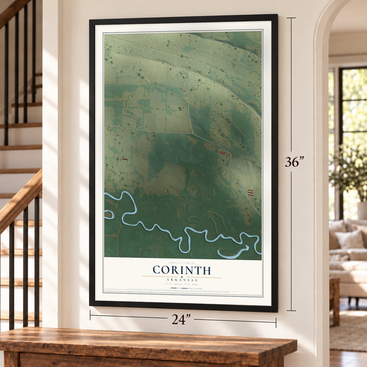 Corinth, Arkansas map, 24 x 36 inch print in a black frame by a staircase