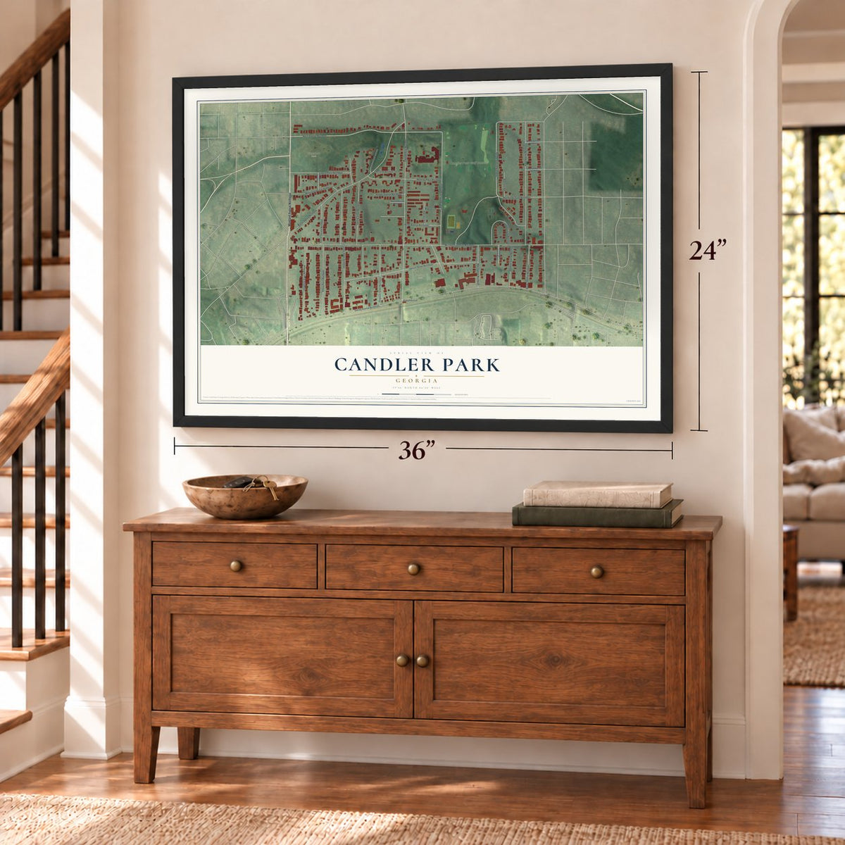 Candler Park, Georgia map, 24 x 36 inch print in a black frame above a dresser by a staircase
