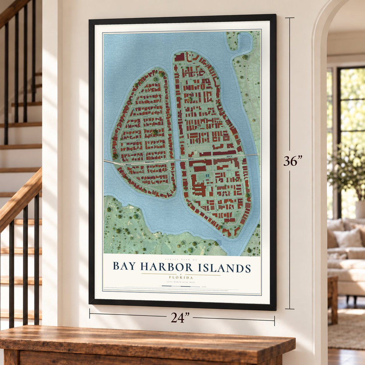Bay Harbor Islands, Florida map, 24 x 36 inch print in a black frame by a staircase