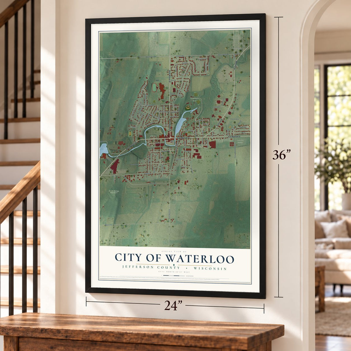 Waterloo, Wisconsin map, 24 x 36 inch print in a black frame by a staircase