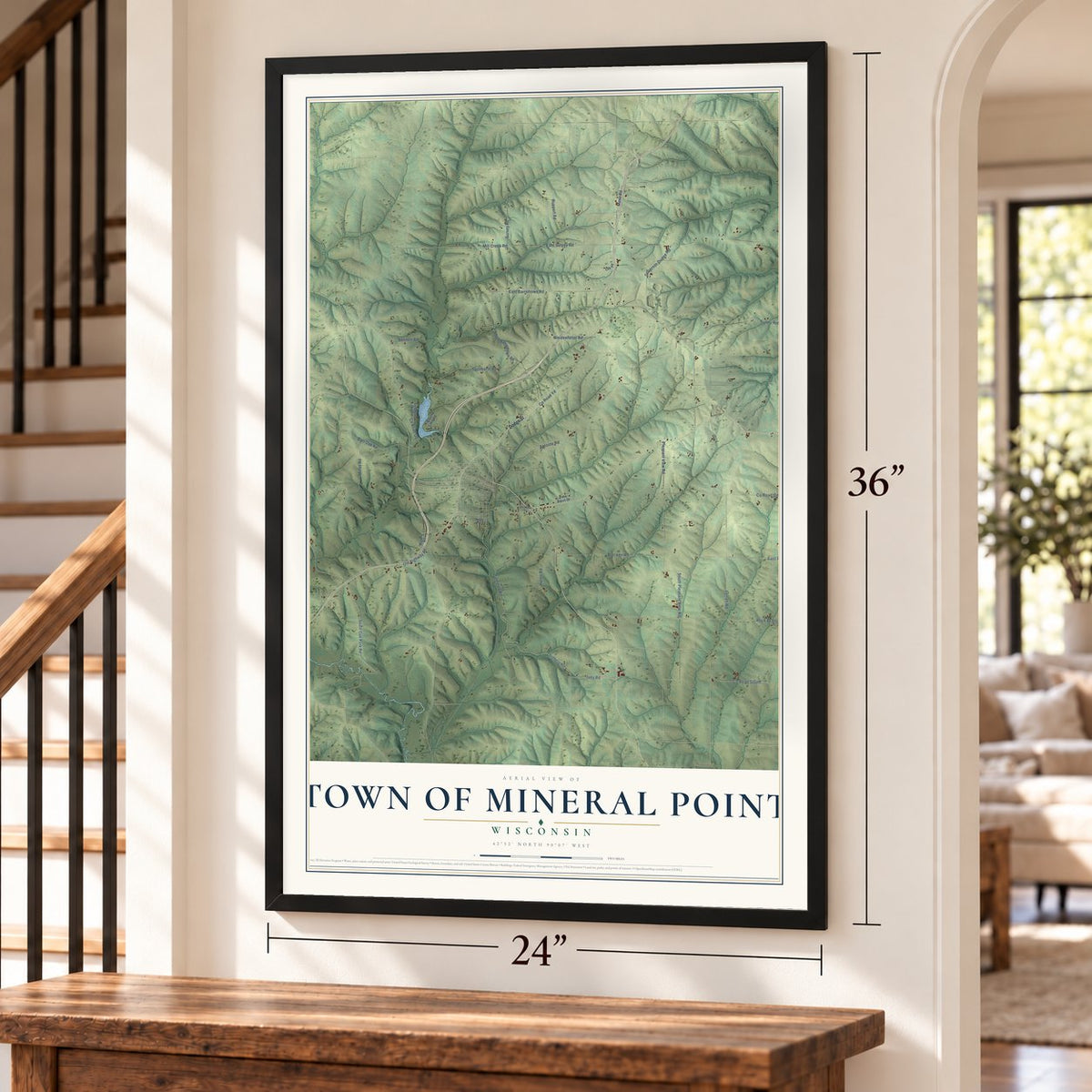 Town of Mineral Point, Wisconsin map, 24 x 36 inch print in a black frame by a staircase
