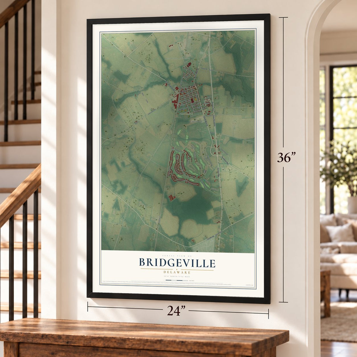 Bridgeville, Delaware map, 24 x 36 inch print in a black frame by a staircase