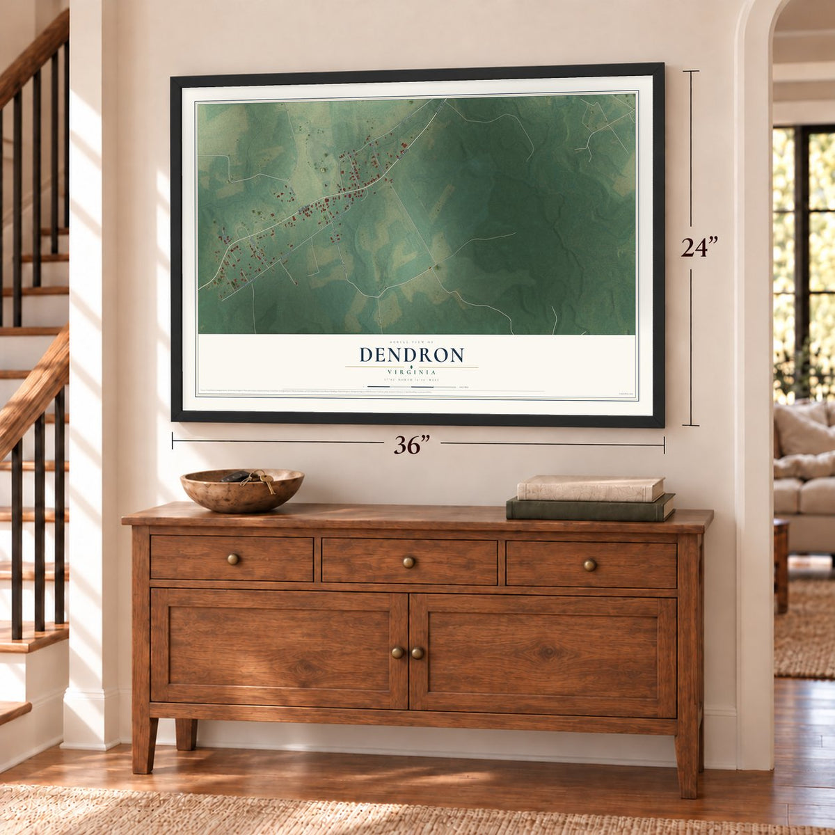 Dendron, Virginia map, 24 x 36 inch print in a black frame above a dresser by a staircase