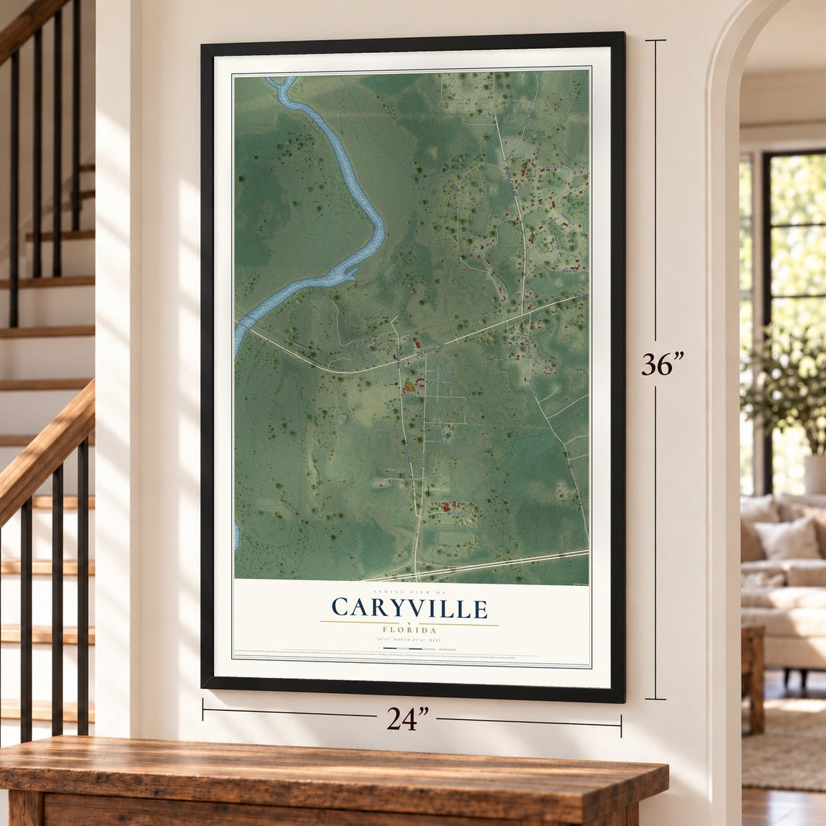 Caryville, Florida map, 24 x 36 inch print in a black frame by a staircase