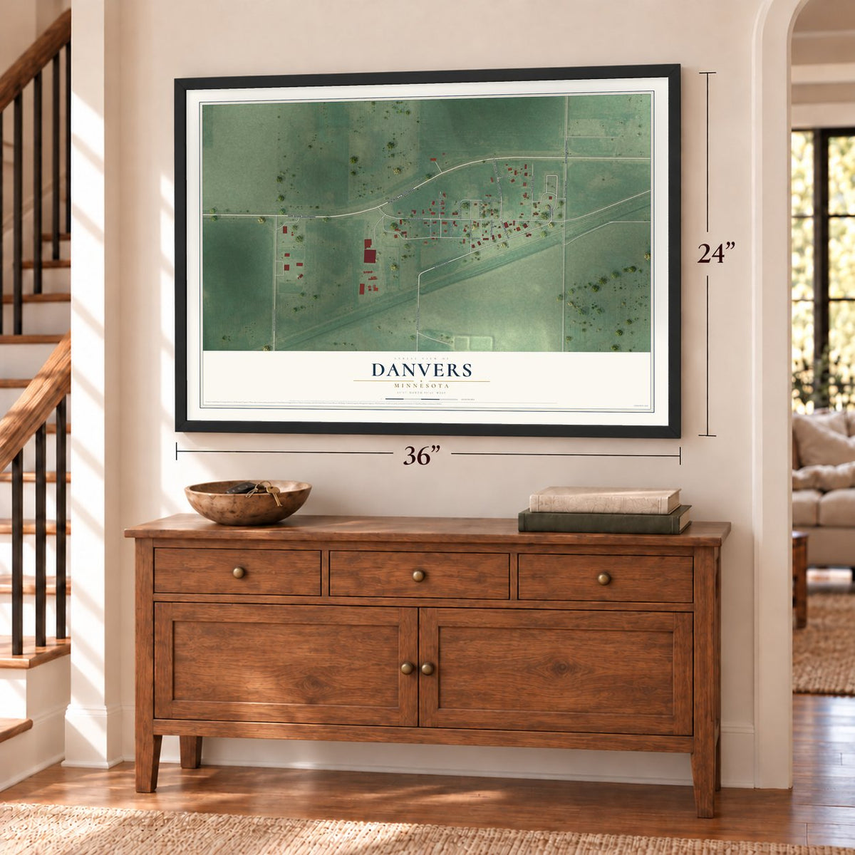 Danvers, Minnesota map, 24 x 36 inch print in a black frame above a dresser by a staircase