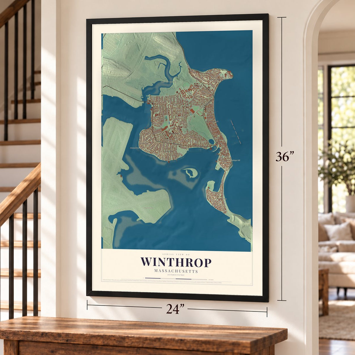 Winthrop, Massachusetts map, 24 x 36 inch print in a black frame by a staircase