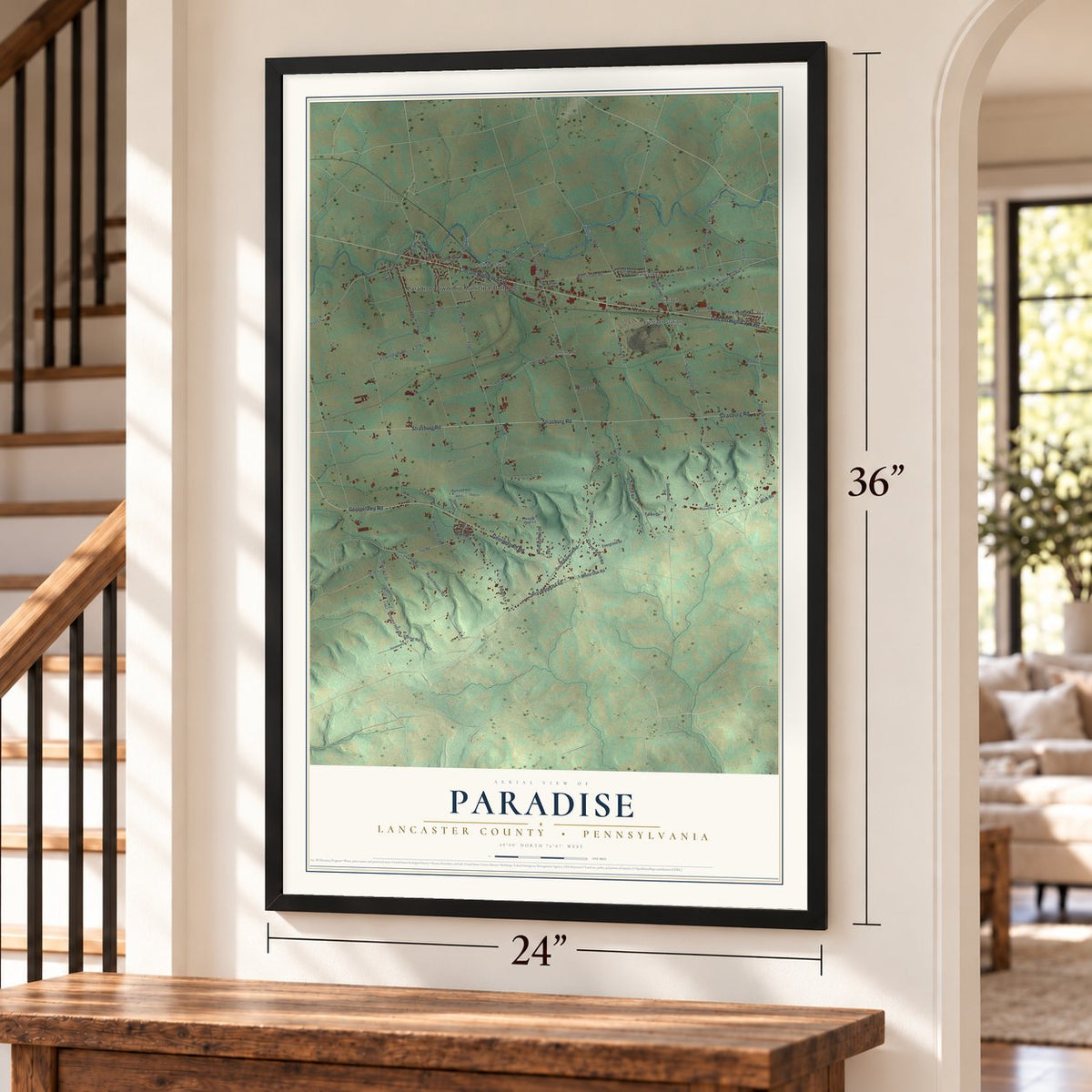 Paradise, Lancaster County, Pennsylvania map, 24 x 36 inch print in a black frame by a staircase