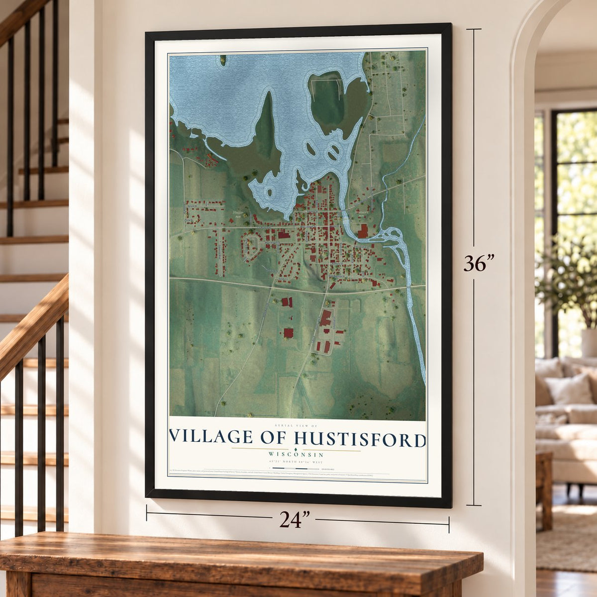 Hustisford, Wisconsin map, 24 x 36 inch print in a black frame by a staircase