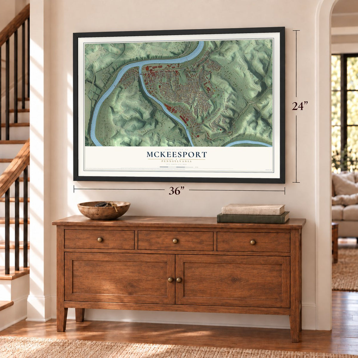 McKeesport, Pennsylvania map, 24 x 36 inch print in a black frame above a dresser by a staircase