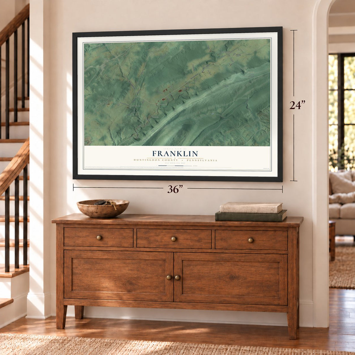 Franklin, Huntingdon County, Pennsylvania map, 24 x 36 inch print in a black frame above a dresser by a staircase