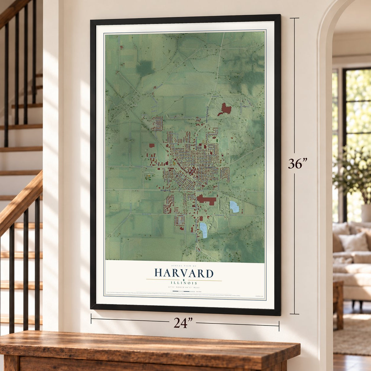 Harvard, Illinois map, 24 x 36 inch print in a black frame by a staircase