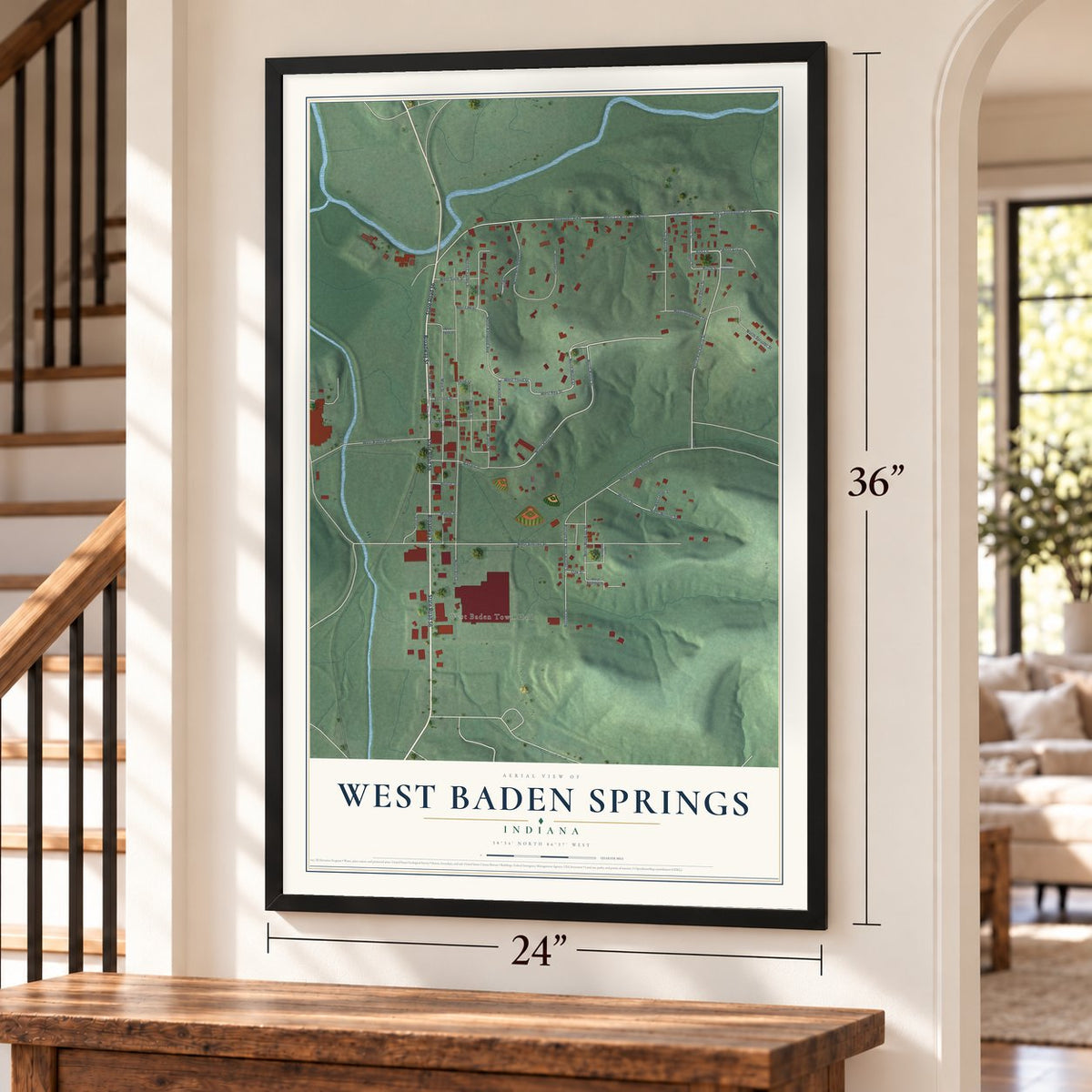 West Baden Springs, Indiana map, 24 x 36 inch print in a black frame by a staircase