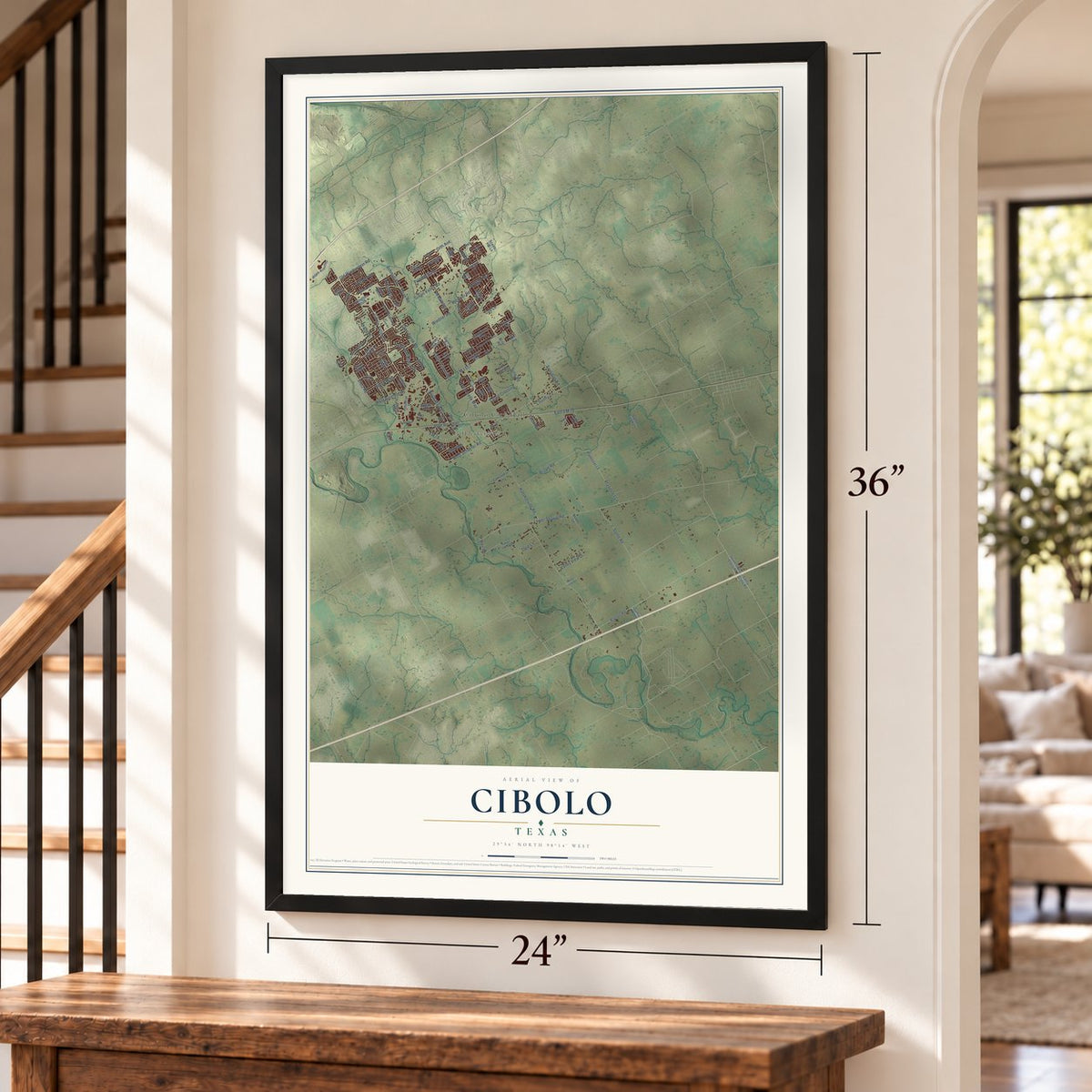 Cibolo, Texas map, 24 x 36 inch print in a black frame by a staircase