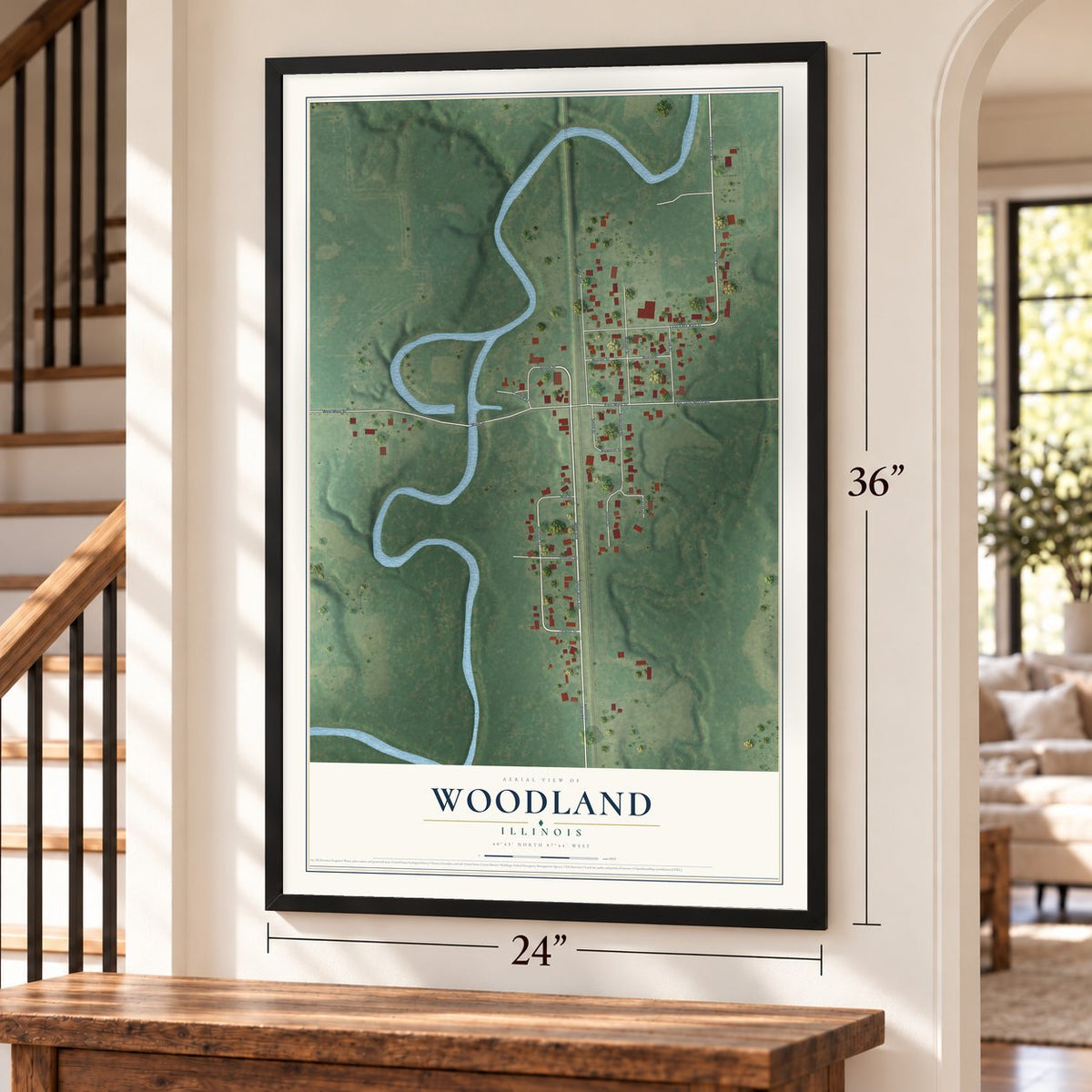 Woodland, Illinois map, 24 x 36 inch print in a black frame by a staircase