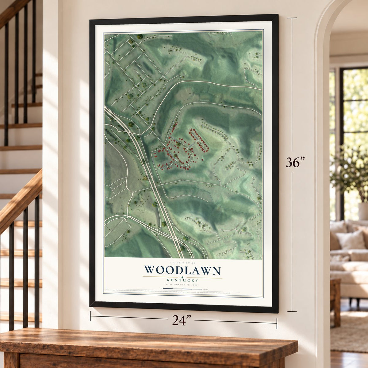 Woodlawn, Kentucky map, 24 x 36 inch print in a black frame by a staircase