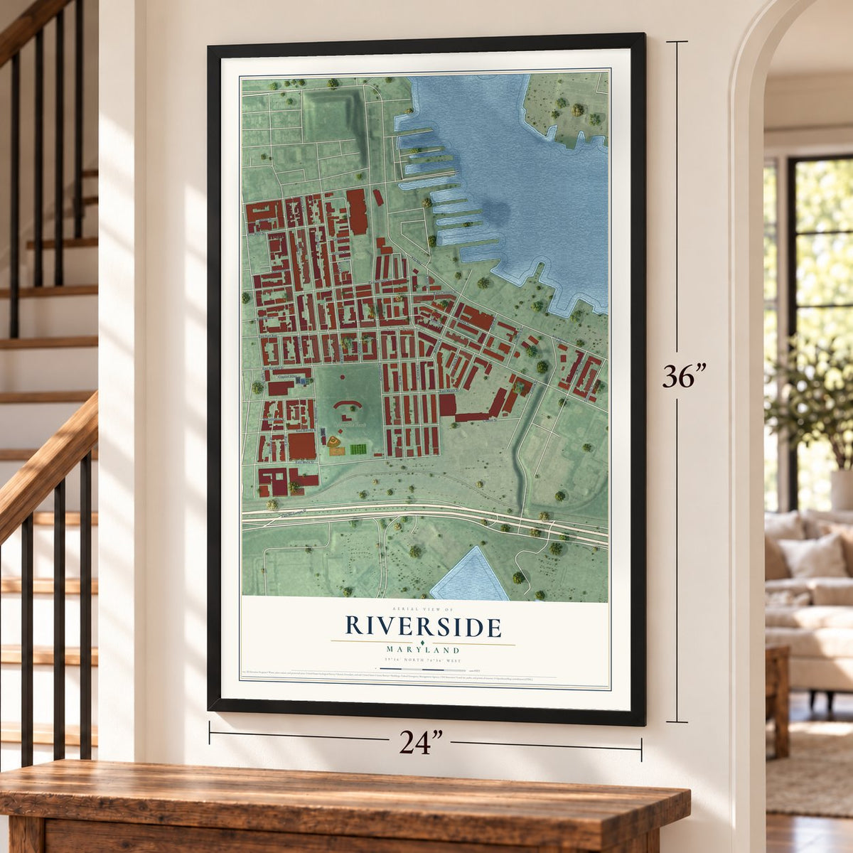 Riverside, Maryland map, 24 x 36 inch print in a black frame by a staircase
