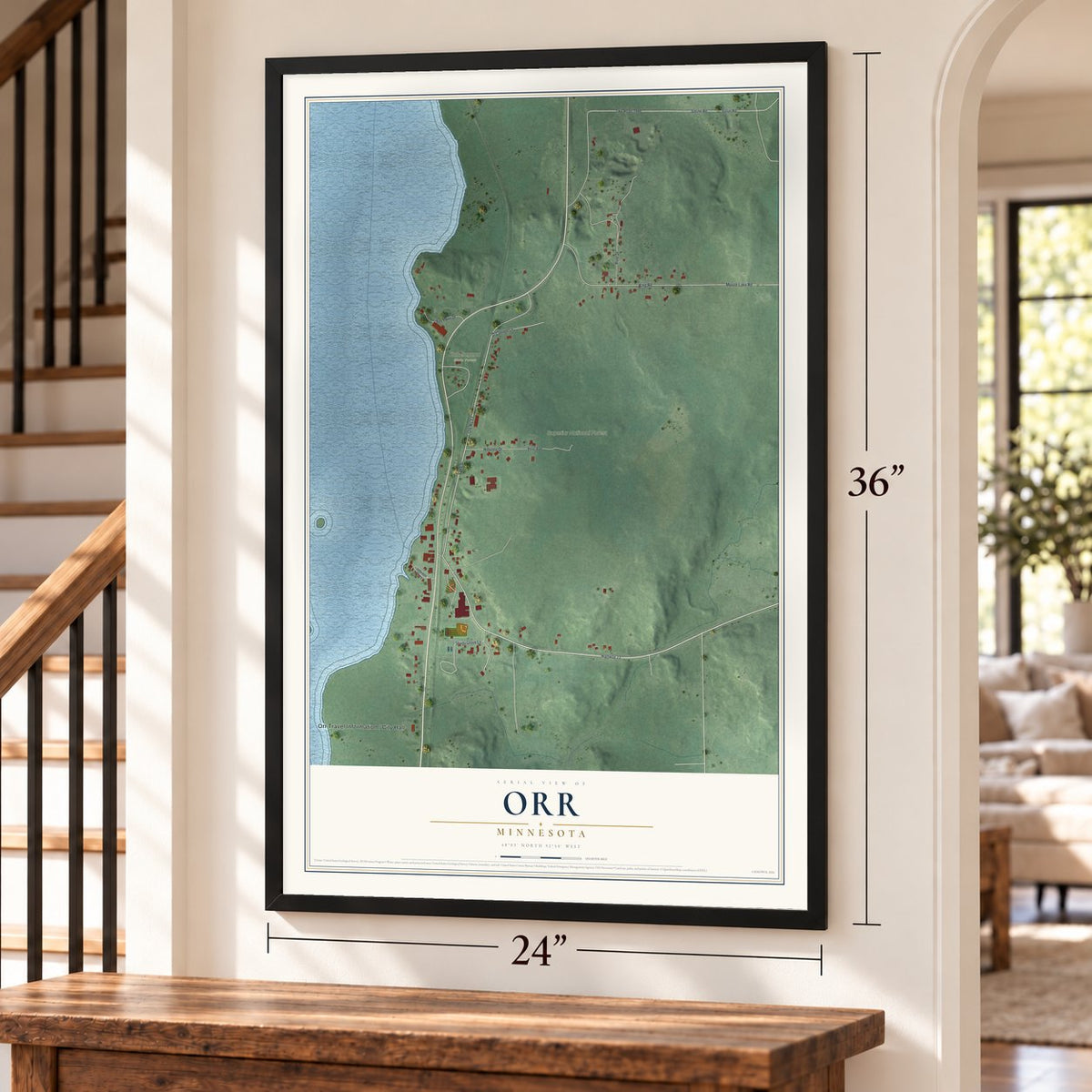 Orr, Minnesota map, 24 x 36 inch print in a black frame by a staircase