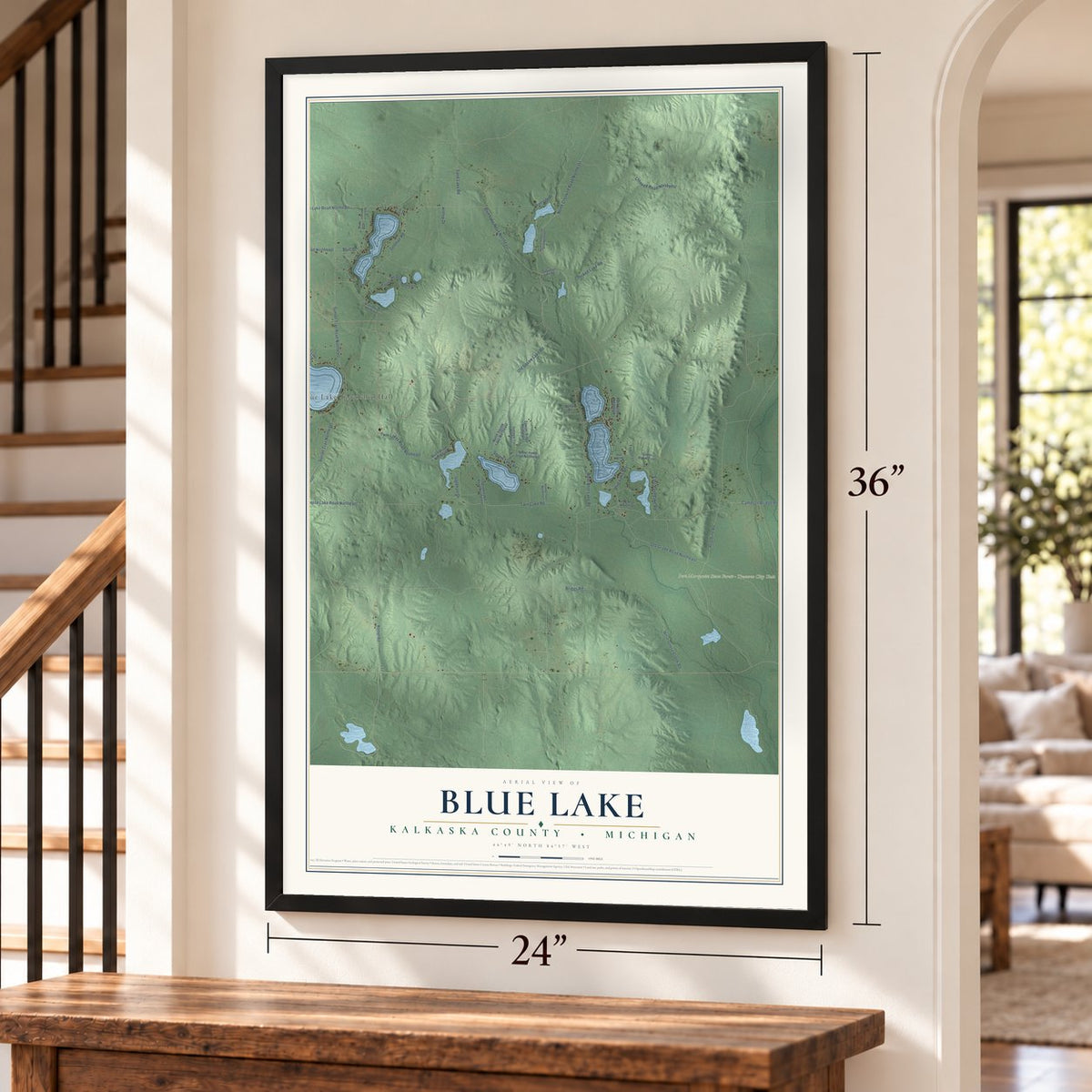 Blue Lake, Kalkaska County, Michigan map, 24 x 36 inch print in a black frame by a staircase