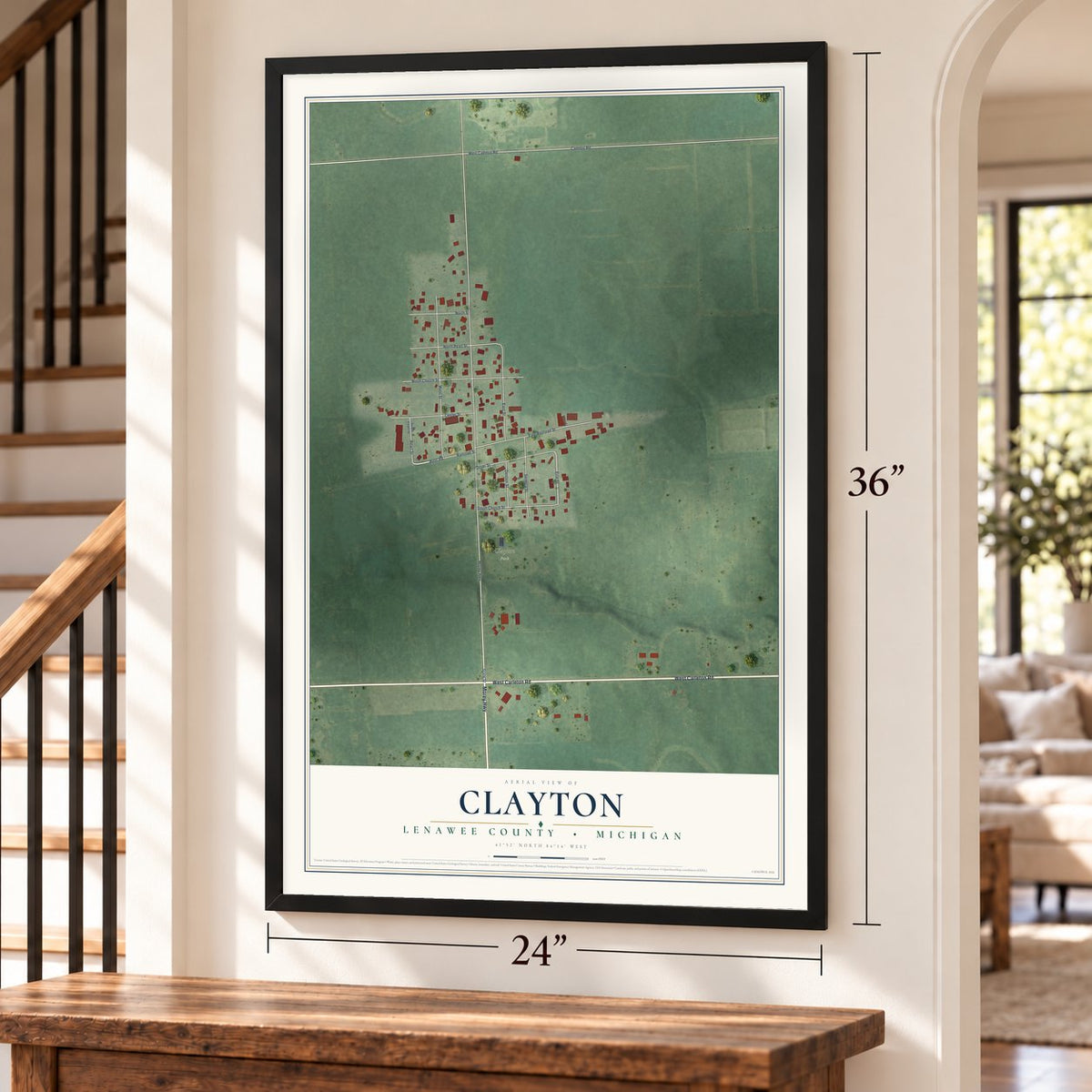 Clayton, Lenawee County, Michigan map, 24 x 36 inch print in a black frame by a staircase
