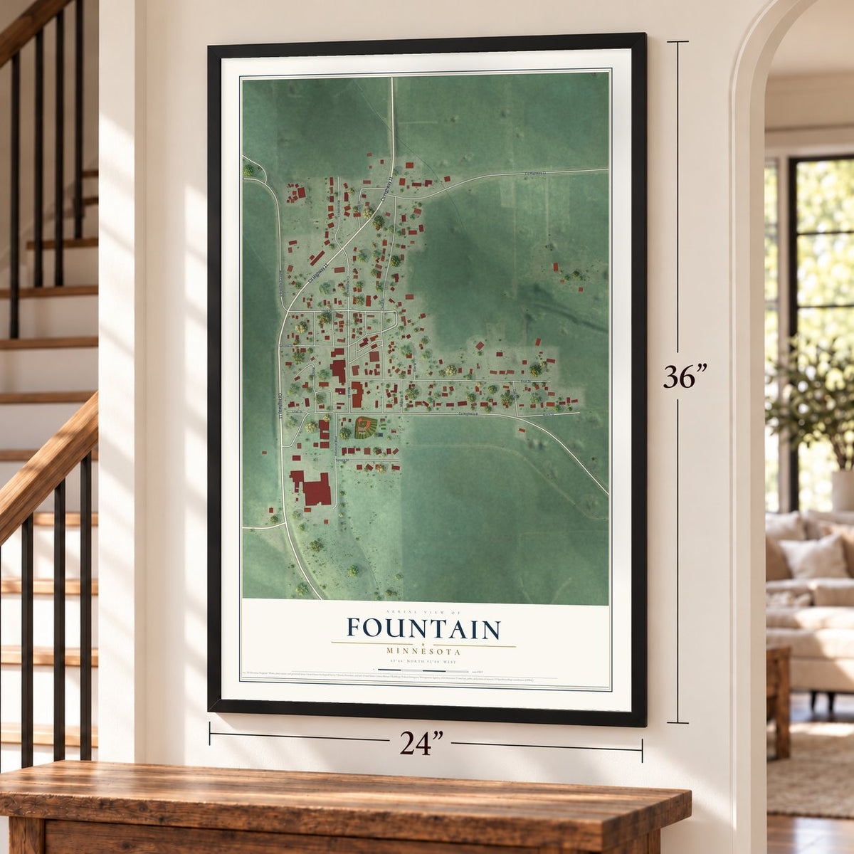 Fountain, Minnesota map, 24 x 36 inch print in a black frame by a staircase