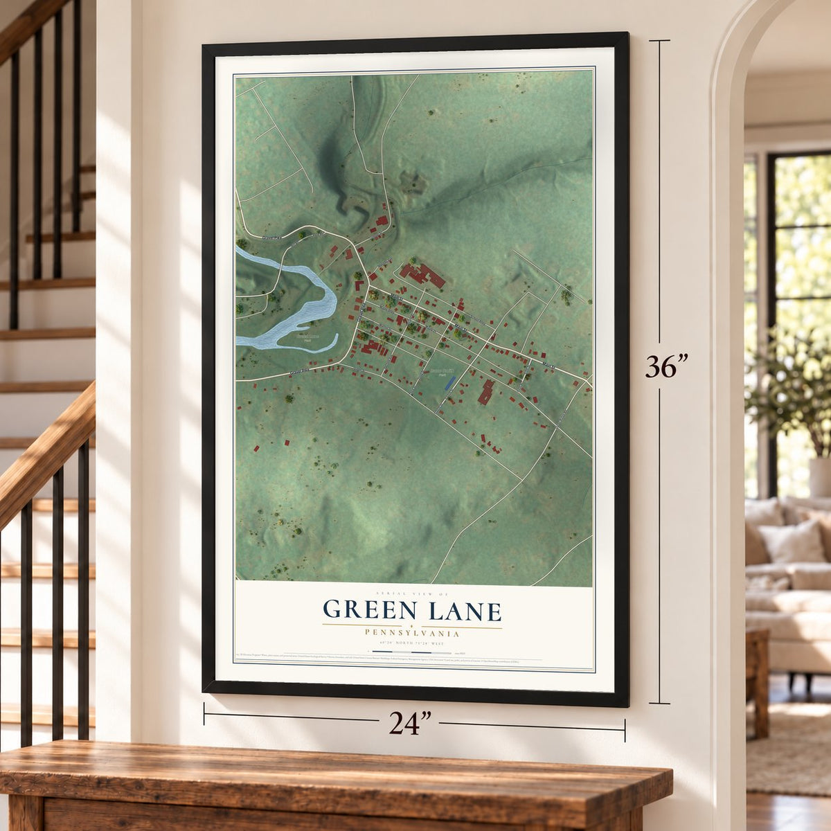 Green Lane, Pennsylvania map, 24 x 36 inch print in a black frame by a staircase