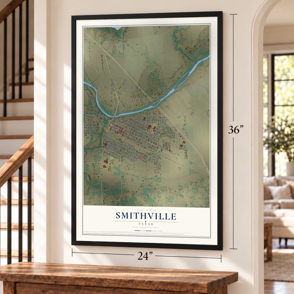 Smithville, Texas map, 24 x 36 inch print in a black frame by a staircase