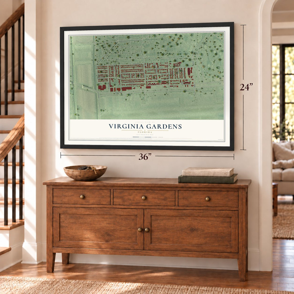 Virginia Gardens, Florida map, 24 x 36 inch print in a black frame above a dresser by a staircase