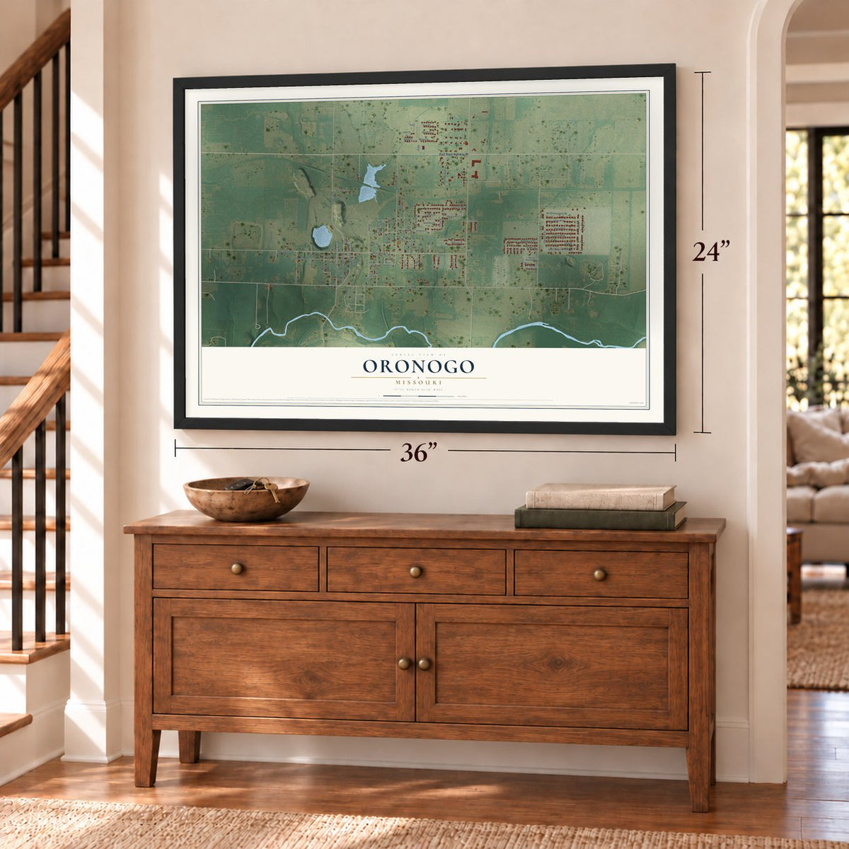 Oronogo, Missouri map, 24 x 36 inch print in a black frame above a dresser by a staircase