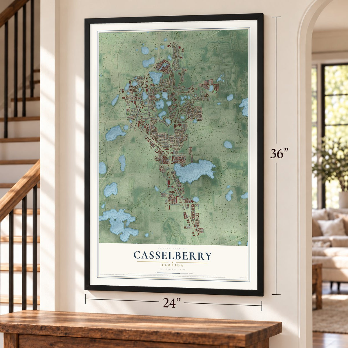 Casselberry, Florida map, 24 x 36 inch print in a black frame by a staircase