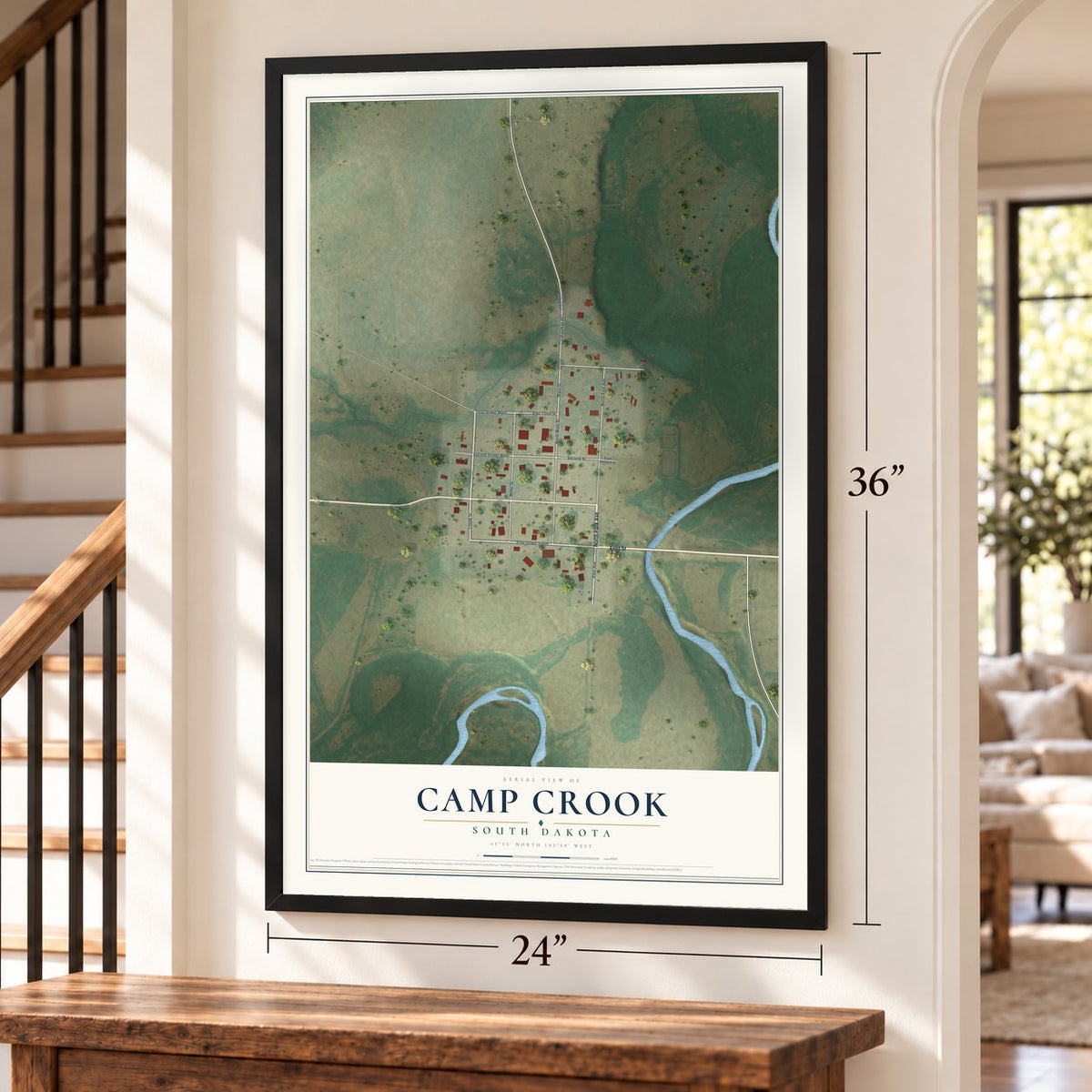 Camp Crook, South Dakota map, 24 x 36 inch print in a black frame by a staircase