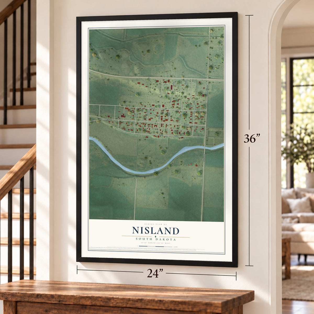 Nisland, South Dakota map, 24 x 36 inch print in a black frame by a staircase