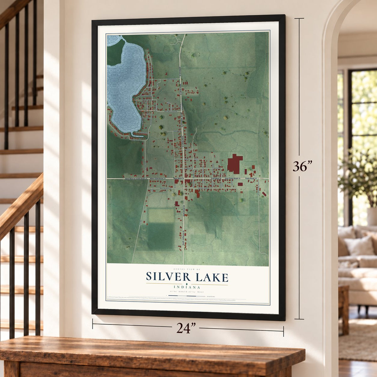 Silver Lake, Indiana map, 24 x 36 inch print in a black frame by a staircase
