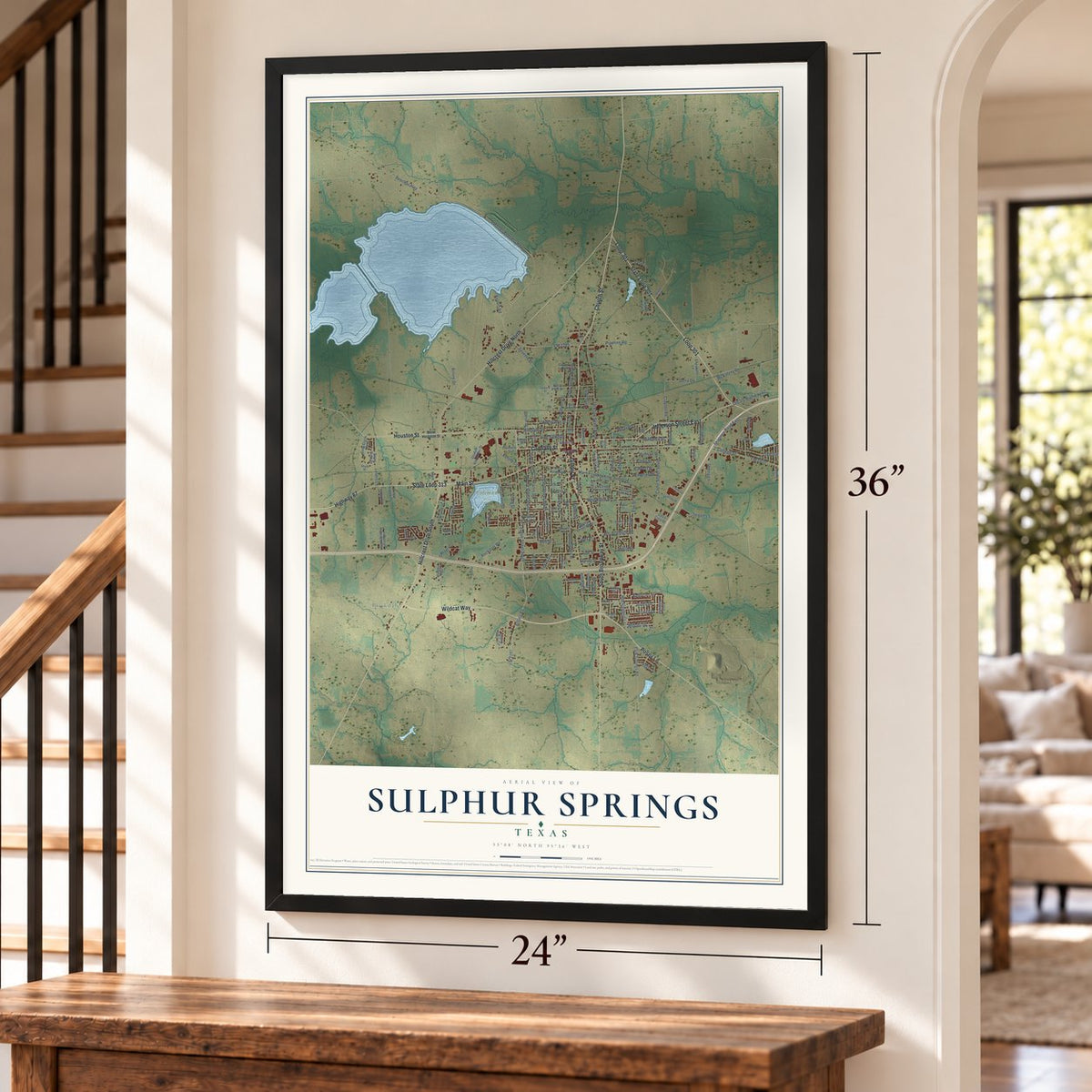 Sulphur Springs, Texas map, 24 x 36 inch print in a black frame by a staircase