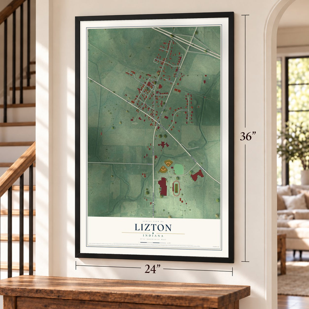 Lizton, Indiana map, 24 x 36 inch print in a black frame by a staircase