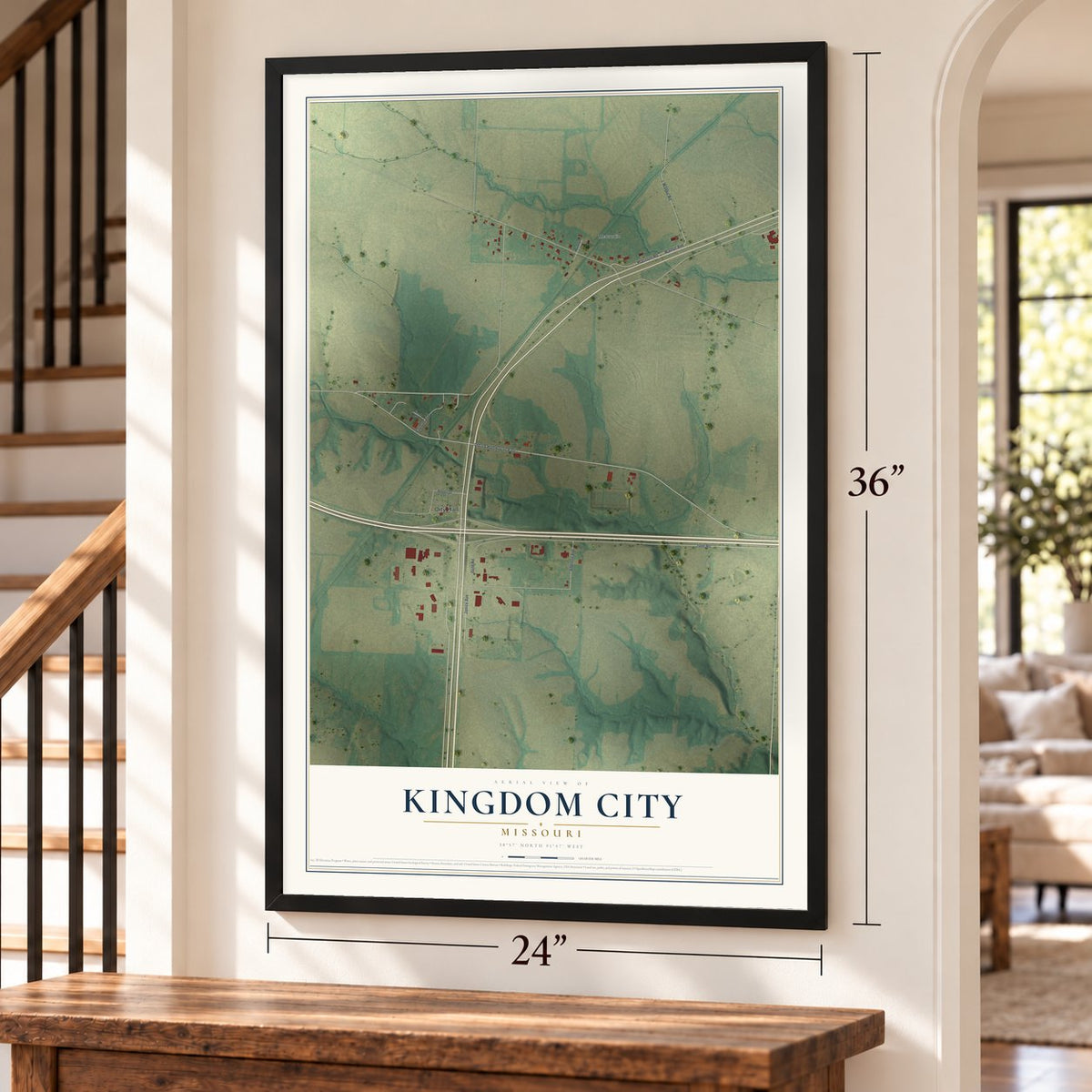 Kingdom City, Missouri map, 24 x 36 inch print in a black frame by a staircase