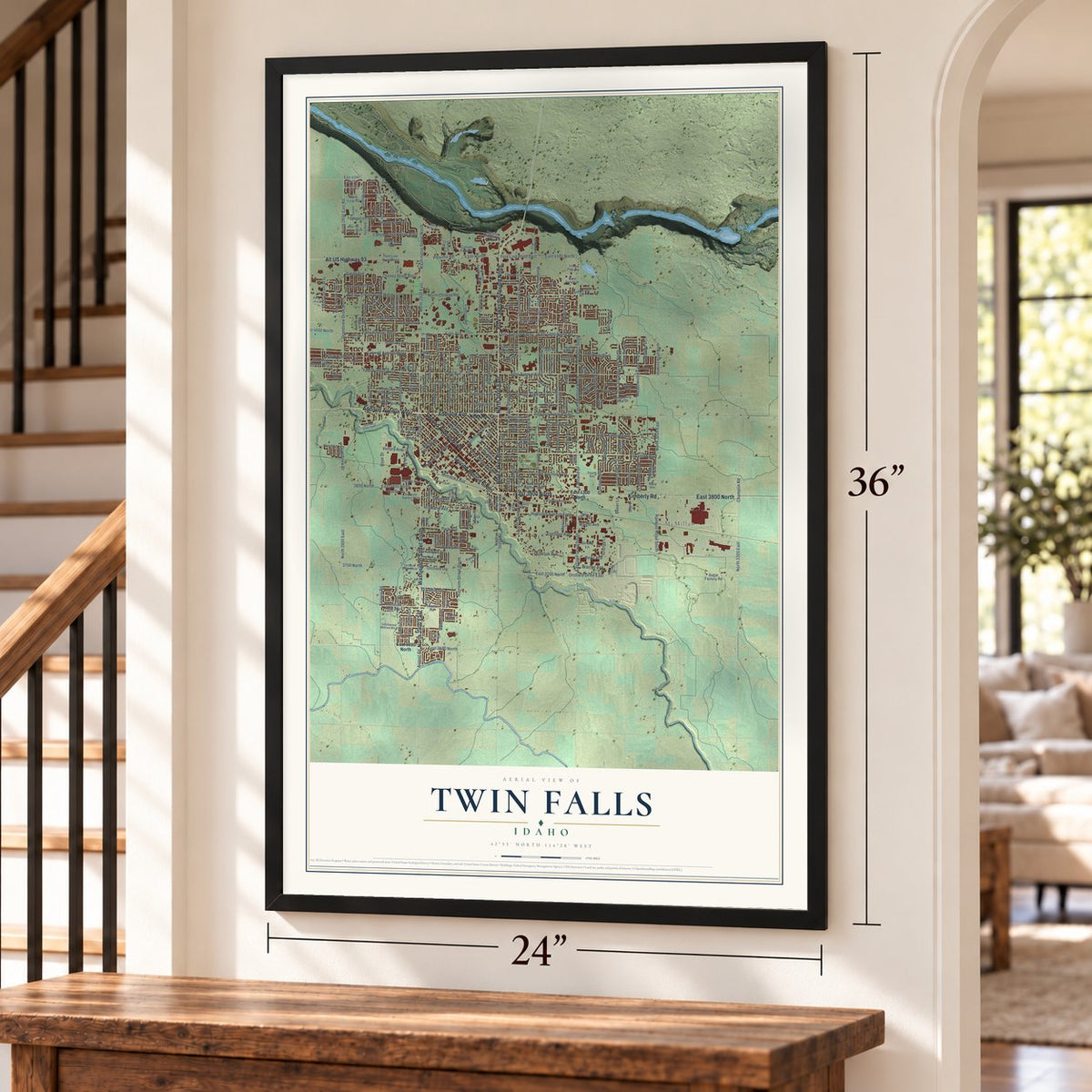 Twin Falls, Idaho map, 24 x 36 inch print in a black frame by a staircase